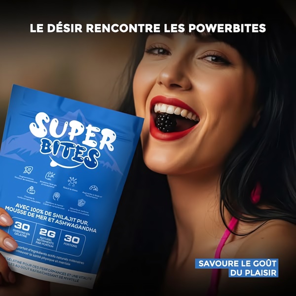 A 1:1 format ad showcasing a superfood gummy product alongside a model enjoying the experience, highlighting key ingredients and health benefits.